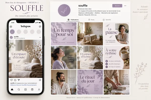 Exemple de l’univers SOUFFLE pour Bien-être & thérapeutes : grille de neuf créations et aperçu sur téléphone