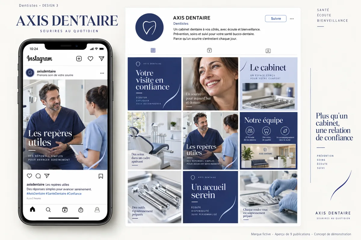 Exemple de l’univers AXIS DENTAIRE pour Dentistes : grille de neuf créations et aperçu sur téléphone