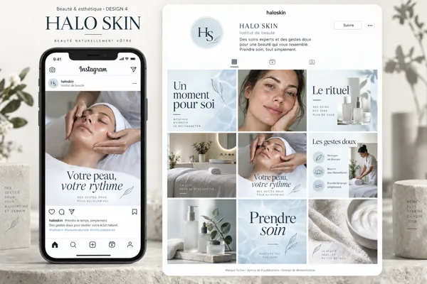 Exemple de l’univers HALO SKIN pour Beauté & esthétique : grille de neuf créations et aperçu sur téléphone