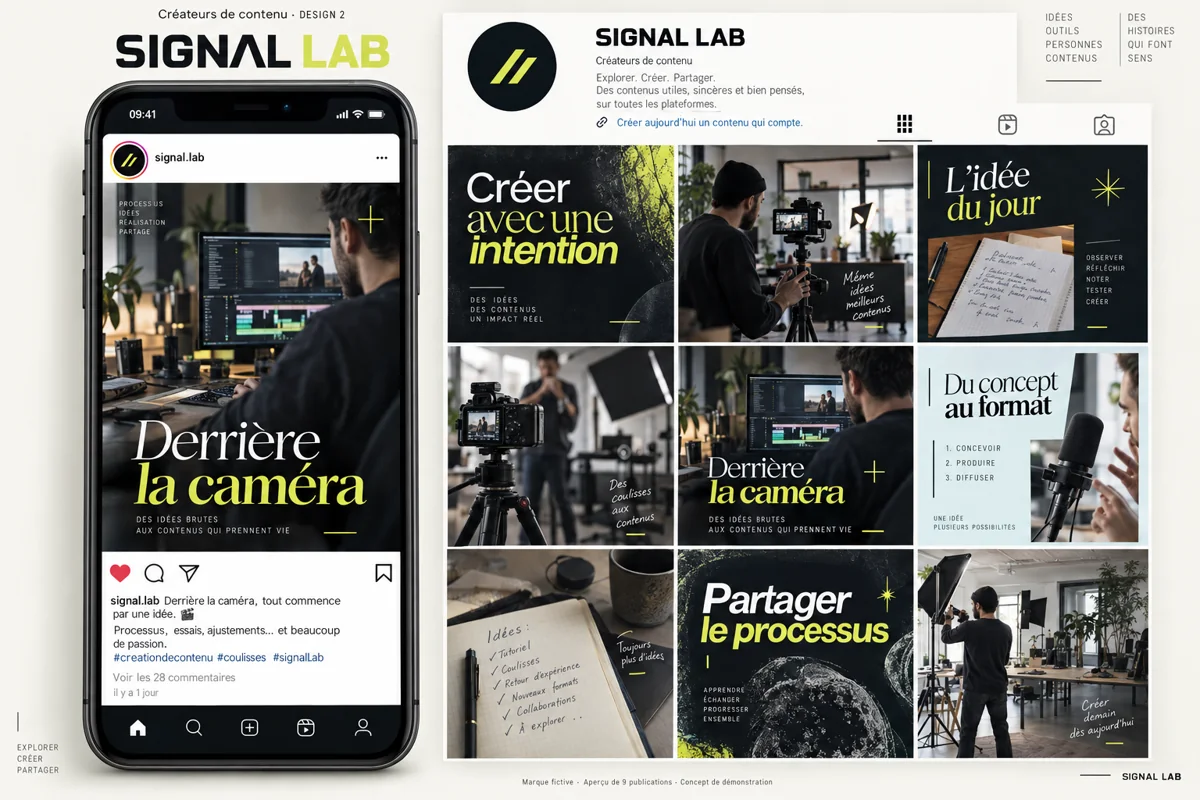 Exemple de l’univers SIGNAL LAB pour Créateurs de contenu : grille de neuf créations et aperçu sur téléphone