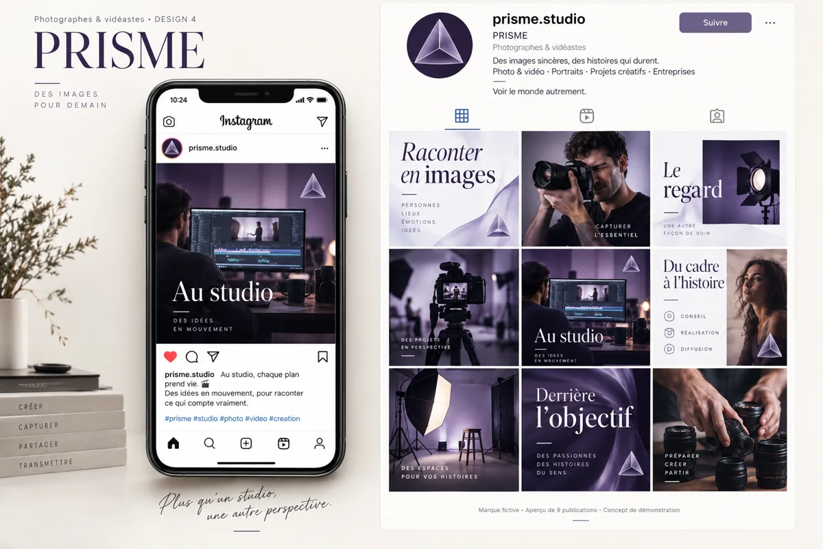 Exemple de l’univers PRISME pour Photographes & vidéastes : grille de neuf créations et aperçu sur téléphone