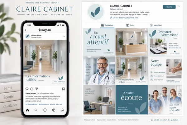 Exemple de l’univers CLAIRE CABINET pour Médecins, santé & cabinets : grille de neuf créations et aperçu sur téléphone