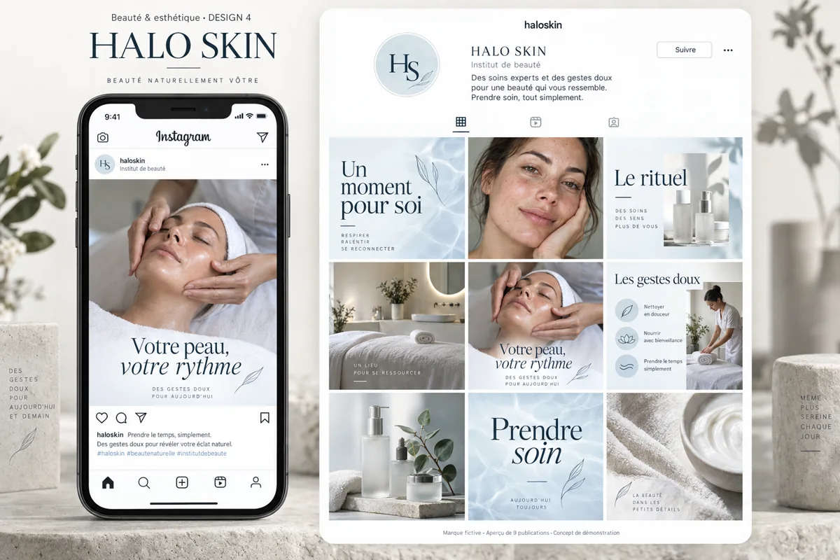 Exemple de l’univers HALO SKIN pour Beauté & esthétique : grille de neuf créations et aperçu sur téléphone