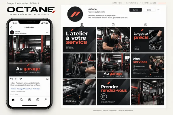 Exemple de l’univers OCTANE pour Garages & automobiles : grille de neuf créations et aperçu sur téléphone