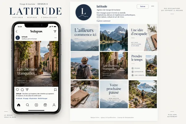 Exemple de l’univers LATITUDE pour Voyage & tourisme : grille de neuf créations et aperçu sur téléphone