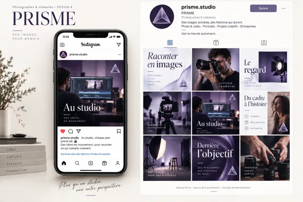 Exemple de l’univers PRISME pour Photographes & vidéastes : grille de neuf créations et aperçu sur téléphone