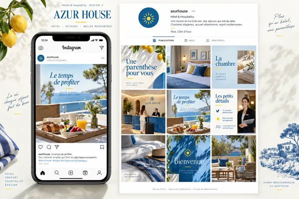 Exemple de l’univers AZUR HOUSE pour Hôtels & hospitality : grille de neuf créations et aperçu sur téléphone