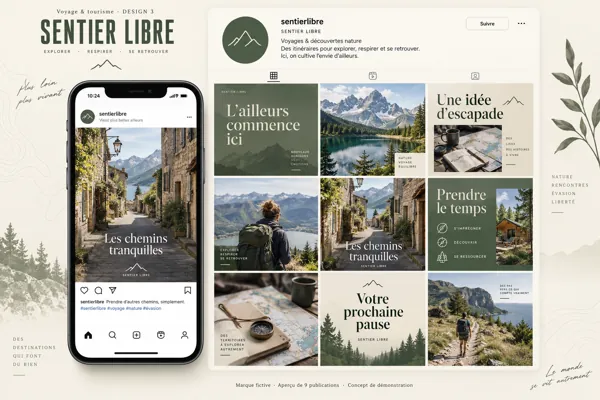 Exemple de l’univers SENTIER LIBRE pour Voyage & tourisme : grille de neuf créations et aperçu sur téléphone