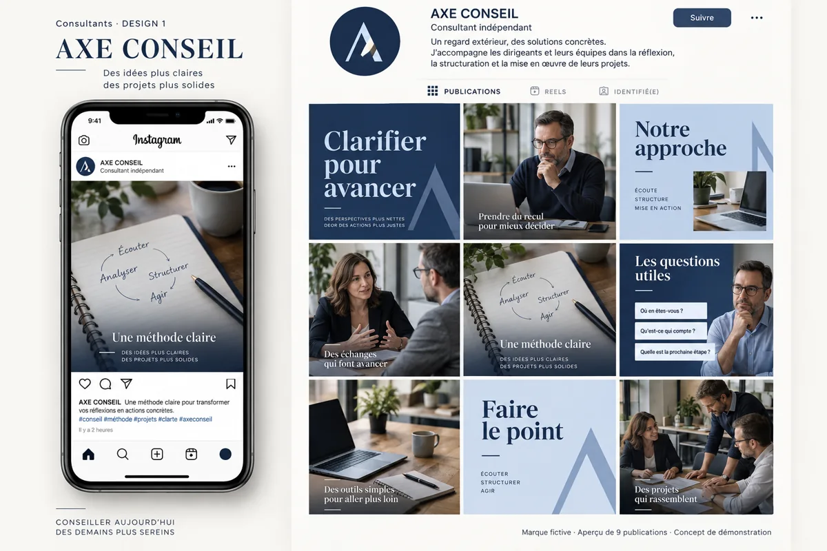 Exemple de l’univers AXE CONSEIL pour Consultants : grille de neuf créations et aperçu sur téléphone