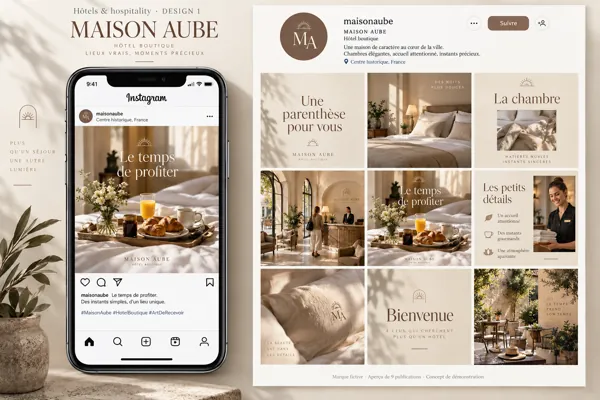 Exemple de l’univers MAISON AUBE pour Hôtels & hospitality : grille de neuf créations et aperçu sur téléphone