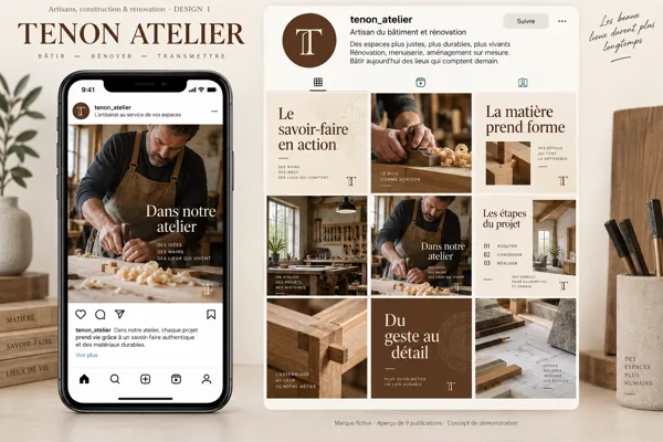 Exemple de l’univers TENON ATELIER pour Artisans, construction & rénovation : grille de neuf créations et aperçu sur téléphone