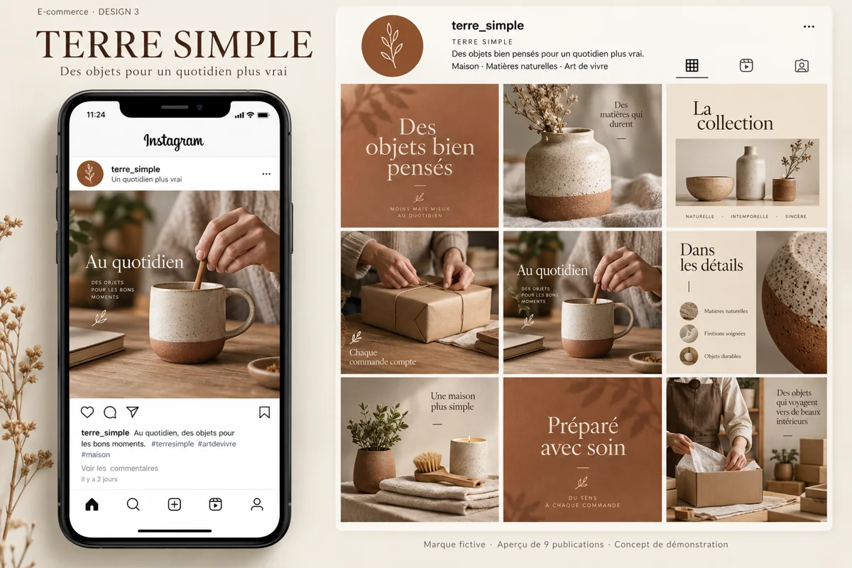 Exemple de l’univers TERRE SIMPLE pour E-commerce : grille de neuf créations et aperçu sur téléphone