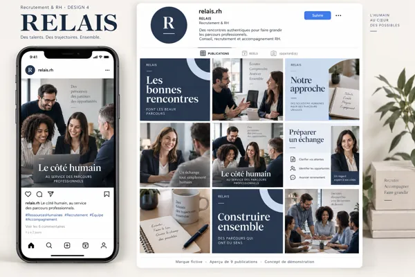 Exemple de l’univers RELAIS pour Recrutement & RH : grille de neuf créations et aperçu sur téléphone