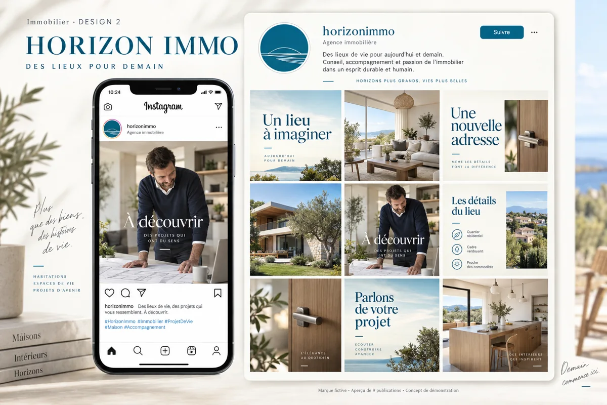 Exemple de l’univers HORIZON IMMO pour Immobilier : grille de neuf créations et aperçu sur téléphone