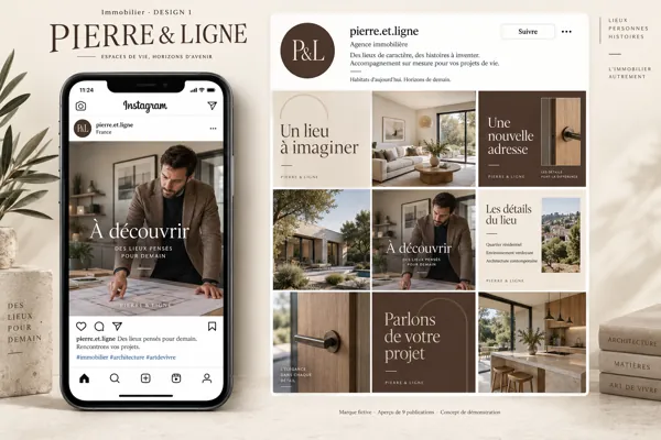 Exemple de l’univers PIERRE & LIGNE pour Immobilier : grille de neuf créations et aperçu sur téléphone