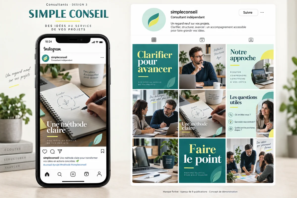 Exemple de l’univers SIMPLE CONSEIL pour Consultants : grille de neuf créations et aperçu sur téléphone