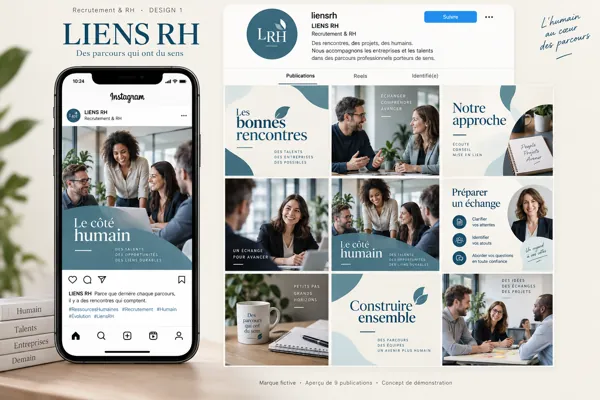 Exemple de l’univers LIENS RH pour Recrutement & RH : grille de neuf créations et aperçu sur téléphone
