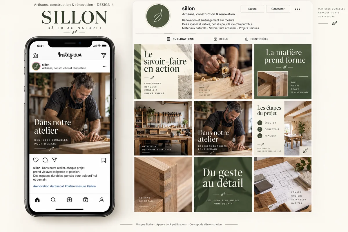 Exemple de l’univers SILLON pour Artisans, construction & rénovation : grille de neuf créations et aperçu sur téléphone
