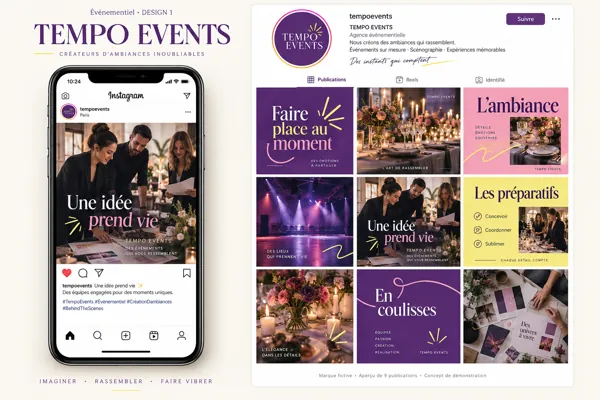 Exemple de l’univers TEMPO EVENTS pour Événementiel : grille de neuf créations et aperçu sur téléphone