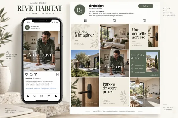 Exemple de l’univers RIVE HABITAT pour Immobilier : grille de neuf créations et aperçu sur téléphone