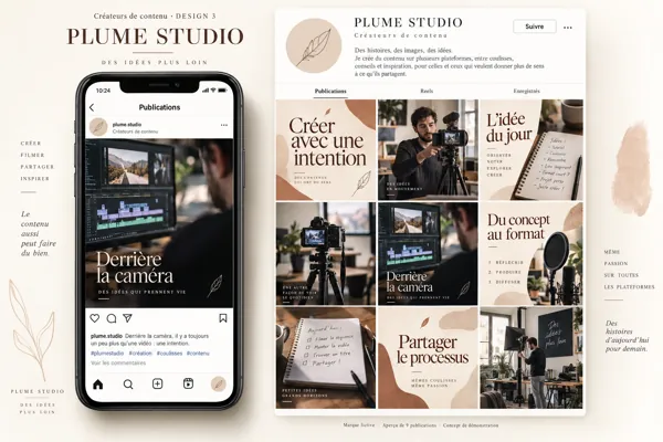 Exemple de l’univers PLUME STUDIO pour Créateurs de contenu : grille de neuf créations et aperçu sur téléphone