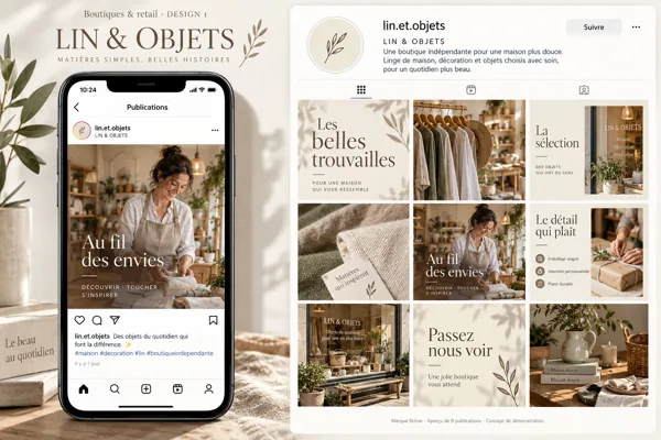 Exemple de l’univers LIN & OBJETS pour Boutiques & retail : grille de neuf créations et aperçu sur téléphone