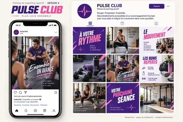 Exemple de l’univers PULSE CLUB pour Fitness & coaching sportif : grille de neuf créations et aperçu sur téléphone