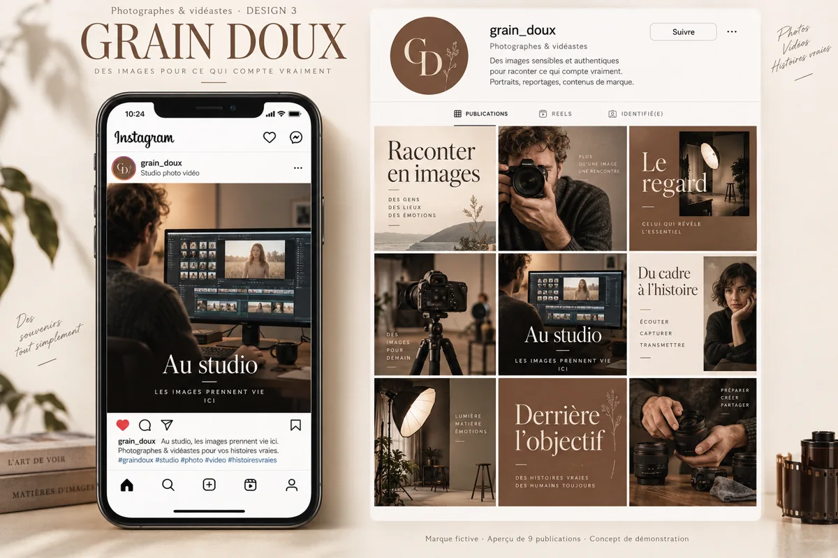 Exemple de l’univers GRAIN DOUX pour Photographes & vidéastes : grille de neuf créations et aperçu sur téléphone