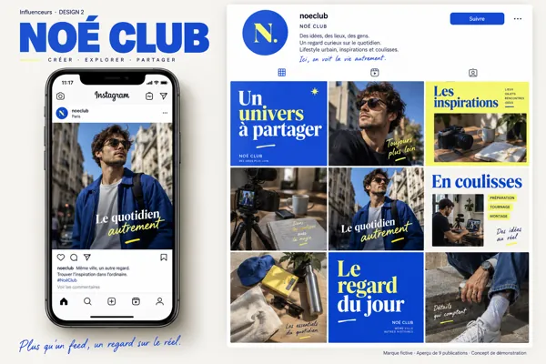Exemple de l’univers NOÉ CLUB pour Influenceurs : grille de neuf créations et aperçu sur téléphone