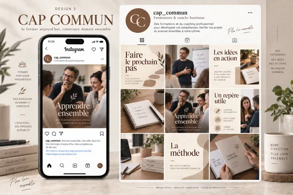 Exemple de l’univers CAP COMMUN pour Formateurs & coachs business : grille de neuf créations et aperçu sur téléphone