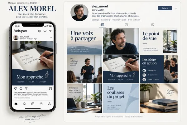 Exemple de l’univers ALEX MOREL pour Marques personnelles : grille de neuf créations et aperçu sur téléphone