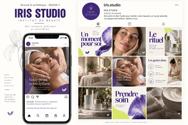 Exemple de l’univers IRIS STUDIO pour Beauté & esthétique : grille de neuf créations et aperçu sur téléphone
