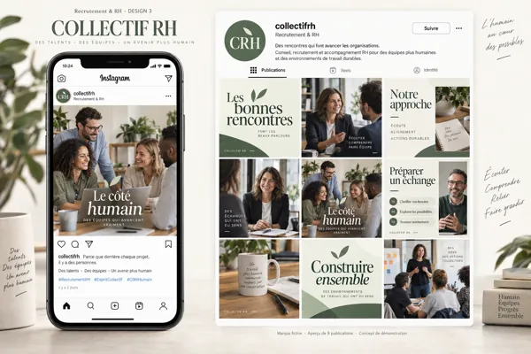 Exemple de l’univers COLLECTIF RH pour Recrutement & RH : grille de neuf créations et aperçu sur téléphone