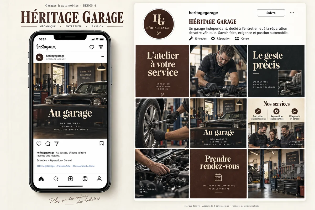Exemple de l’univers HÉRITAGE GARAGE pour Garages & automobiles : grille de neuf créations et aperçu sur téléphone
