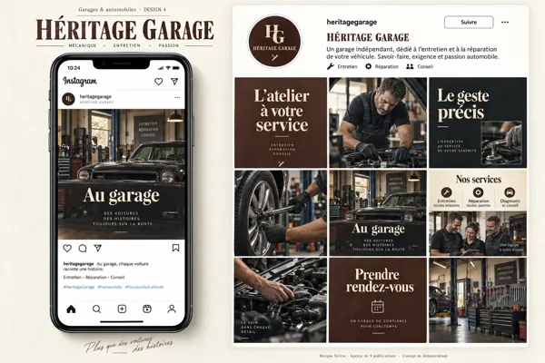 Exemple de l’univers HÉRITAGE GARAGE pour Garages & automobiles : grille de neuf créations et aperçu sur téléphone