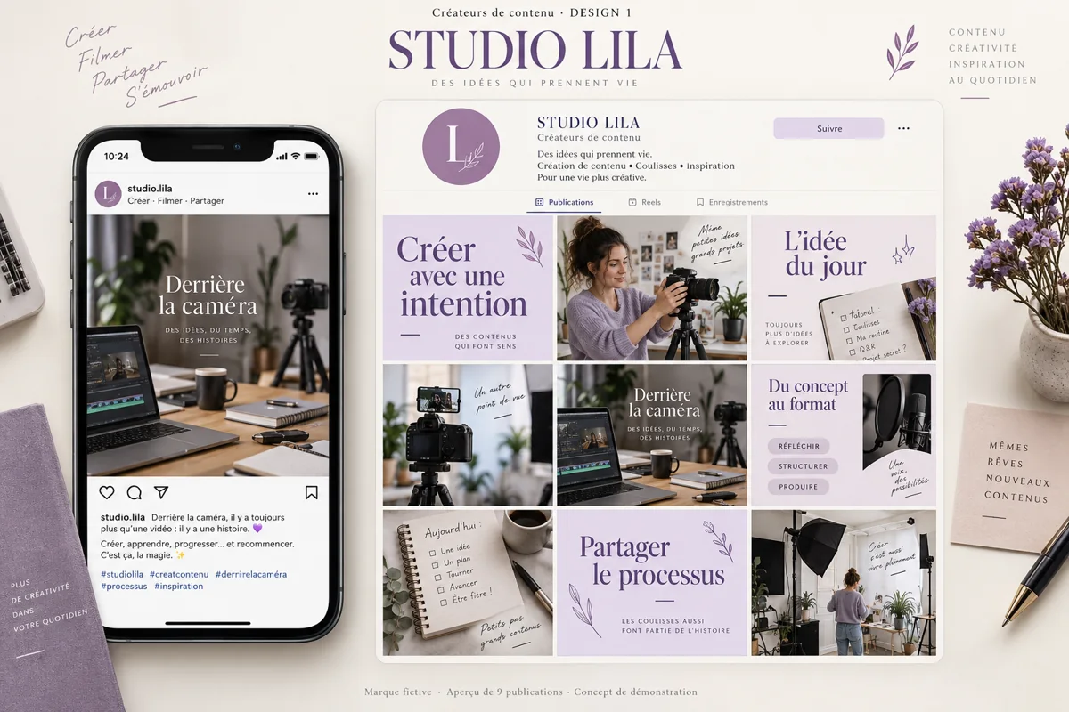 Exemple de l’univers STUDIO LILA pour Créateurs de contenu : grille de neuf créations et aperçu sur téléphone