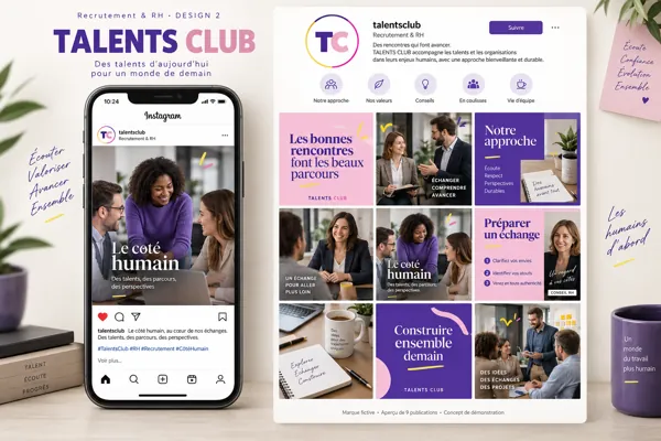 Exemple de l’univers TALENTS CLUB pour Recrutement & RH : grille de neuf créations et aperçu sur téléphone