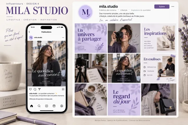 Exemple de l’univers MILA STUDIO pour Influenceurs : grille de neuf créations et aperçu sur téléphone
