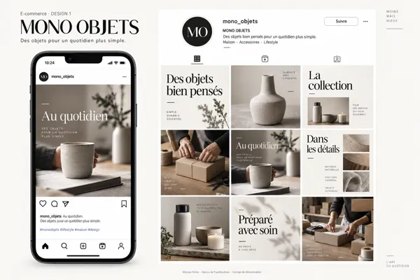 Exemple de l’univers MONO OBJETS pour E-commerce : grille de neuf créations et aperçu sur téléphone