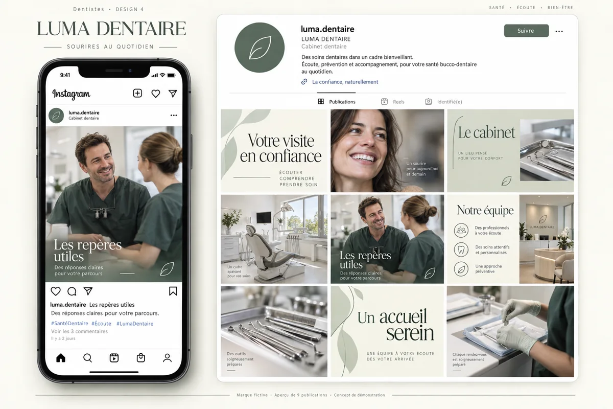 Exemple de l’univers LUMA DENTAIRE pour Dentistes : grille de neuf créations et aperçu sur téléphone