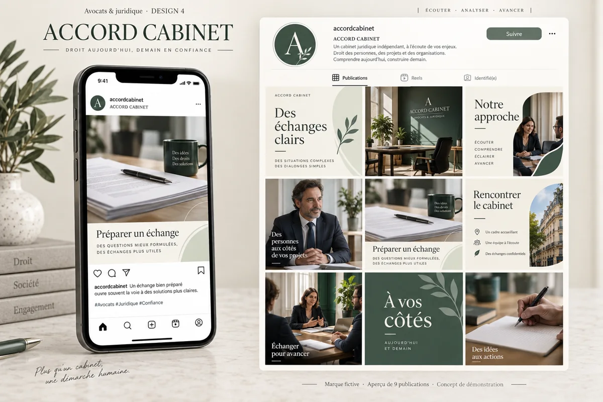 Exemple de l’univers ACCORD CABINET pour Avocats & juridique : grille de neuf créations et aperçu sur téléphone