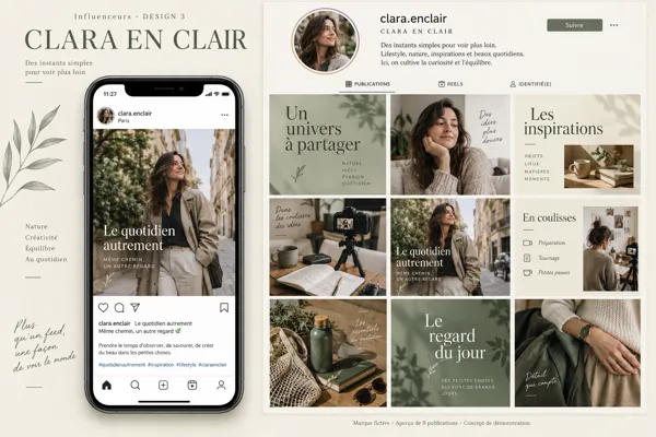 Exemple de l’univers CLARA EN CLAIR pour Influenceurs : grille de neuf créations et aperçu sur téléphone