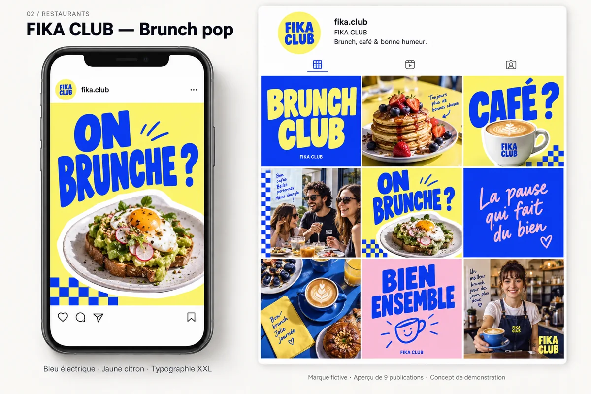 Exemple de l’univers FIKA CLUB pour Restaurants & cafés : grille de neuf créations et aperçu sur téléphone