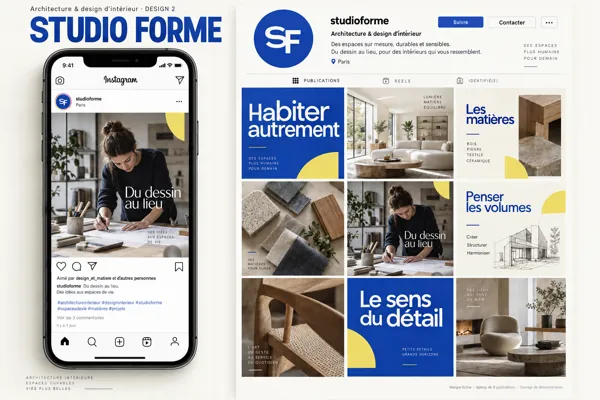 Exemple de l’univers STUDIO FORME pour Architecture & design d’intérieur : grille de neuf créations et aperçu sur téléphone