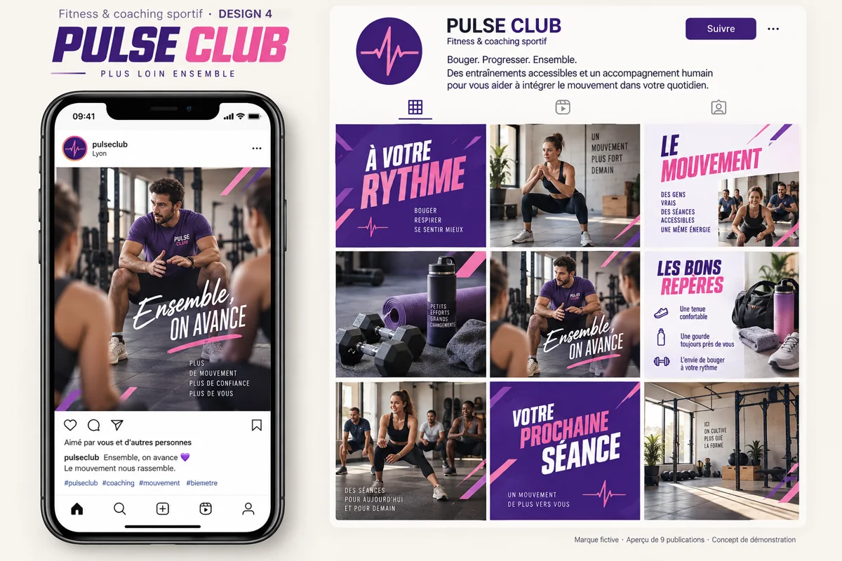 Exemple de l’univers PULSE CLUB pour Fitness & coaching sportif : grille de neuf créations et aperçu sur téléphone