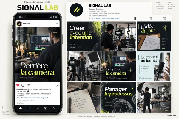 Exemple de l’univers SIGNAL LAB pour Créateurs de contenu : grille de neuf créations et aperçu sur téléphone