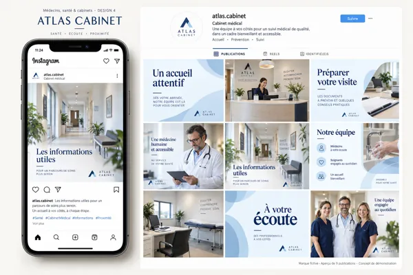 Exemple de l’univers ATLAS CABINET pour Médecins, santé & cabinets : grille de neuf créations et aperçu sur téléphone