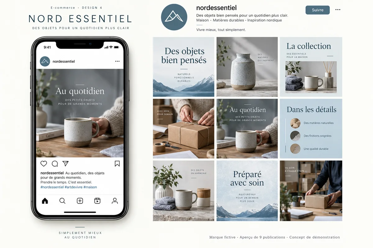 Exemple de l’univers NORD ESSENTIEL pour E-commerce : grille de neuf créations et aperçu sur téléphone