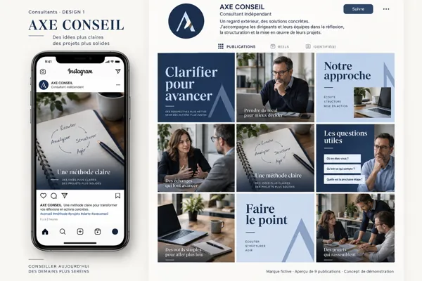 Exemple de l’univers AXE CONSEIL pour Consultants : grille de neuf créations et aperçu sur téléphone