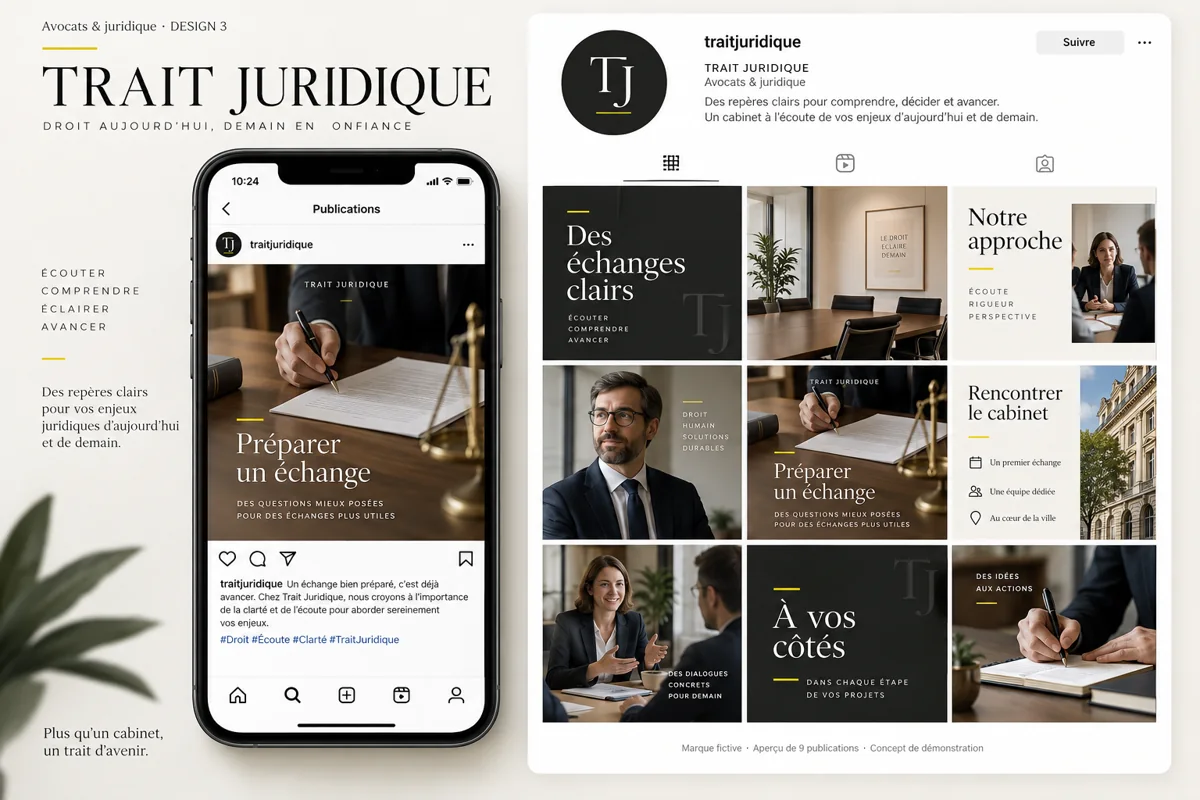 Exemple de l’univers TRAIT JURIDIQUE pour Avocats & juridique : grille de neuf créations et aperçu sur téléphone